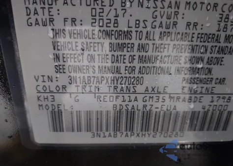 2017 Nissan Sentra Sr z USA, uszkodzony, nr VIN 3N1AB7APXHY270280